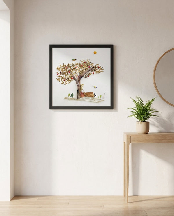Rest Beneath the Tree art in a black frame in an entryway