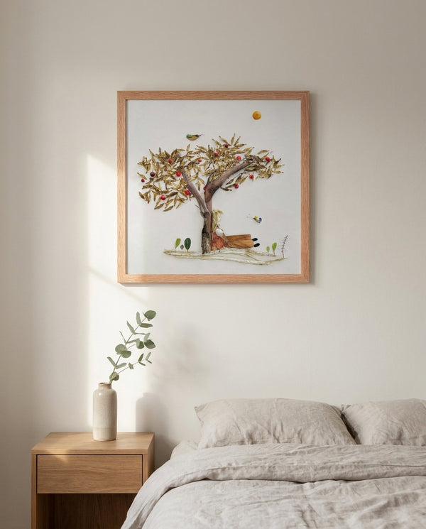 Rest Beneath the Tree art in a red oak wood frame in a bedroom