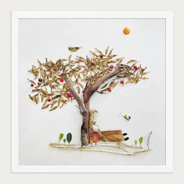 Rest Beneath the Tree peaceful nature wall art in a white frame, front view