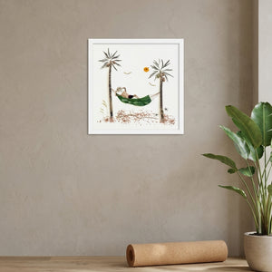 Resting in the Tropics in a white frame hung in a serene yoga studio