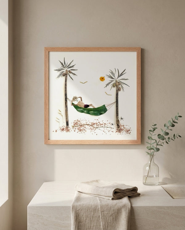 Resting in the Tropics in a red oak frame in a warm bathroom