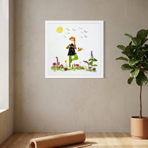 Rooted Tree Pose art in a white frame hung in a serene yoga studio