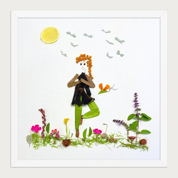Rooted Tree Pose botanical yoga wall art in a white frame, front view