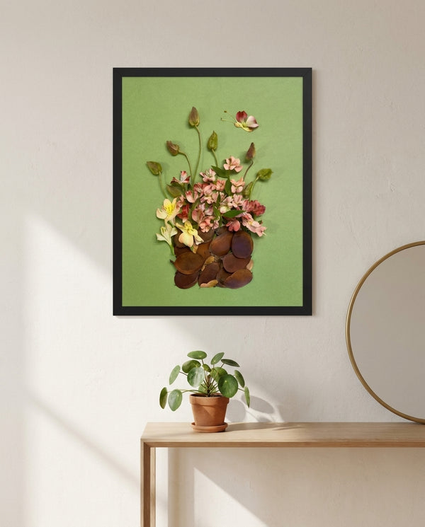 Rosy Gathering botanical still life wall art print in a black frame hanging in an entryway