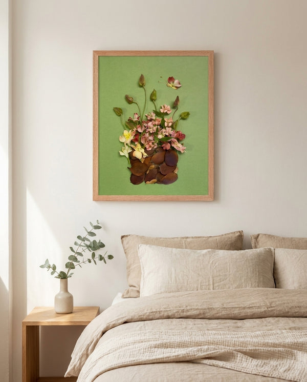 Rosy Gathering botanical still life wall art print in a red oak wood frame hanging in a bedroom
