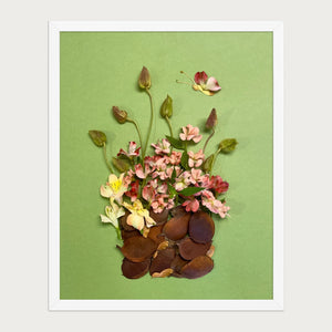 Rosy Gathering botanical still life wall art print by FloraFusion in a white frame, front view