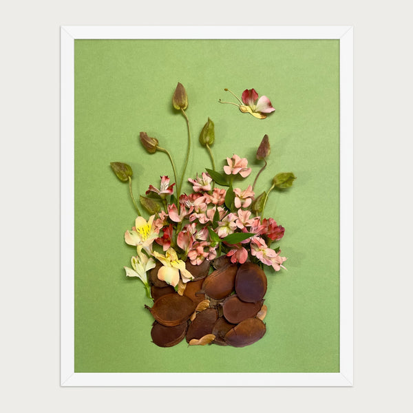 Rosy Gathering botanical still life wall art print by FloraFusion in a white frame, front view