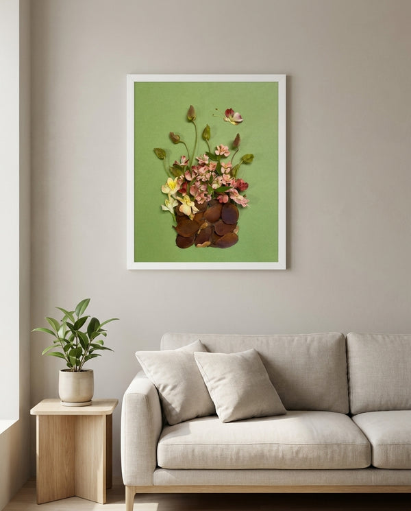 Rosy Gathering botanical still life wall art print in a white frame hanging in a living room