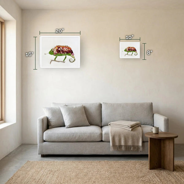 Chameleon in Bloom size guide - print dimensions