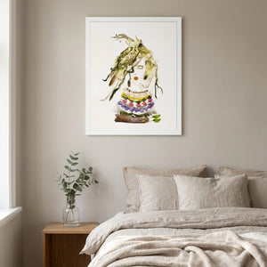 Soft Harvest Lady art in a white frame in a serene bedroom