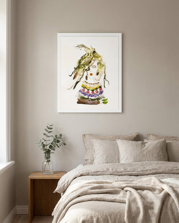 Soft Harvest Lady art in a white frame in a serene bedroom