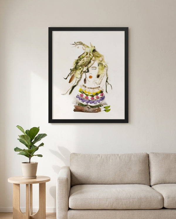 Soft Harvest Lady art in a black frame in a living room