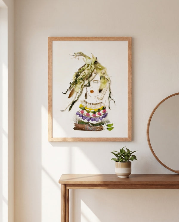Soft Harvest Lady art in a red oak wood frame in an entryway