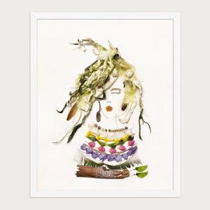 Soft Harvest Lady floral portrait wall art in a white frame, front view