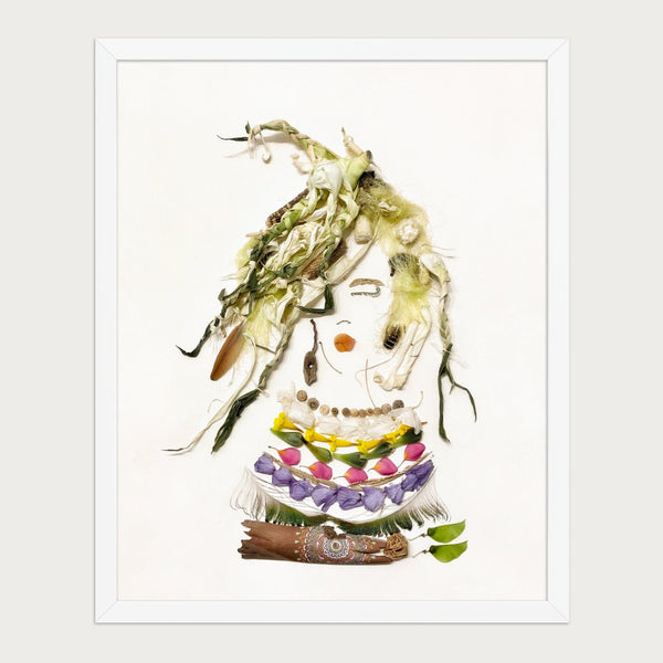 Soft Harvest Lady floral portrait wall art in a white frame, front view