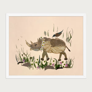 Songbird Rhino botanical animal wall art print by FloraFusion in a white frame, front view