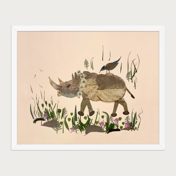 Songbird Rhino botanical animal wall art print by FloraFusion in a white frame, front view