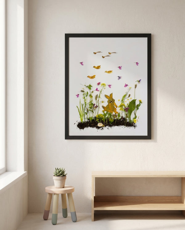 Springtime Bunny botanical bunny wall art print in a black frame hanging in a kids room