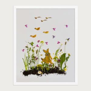 Springtime Bunny botanical bunny wall art print by FloraFusion in a white frame, front view