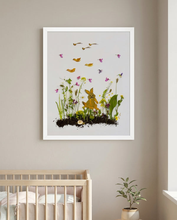 Springtime Bunny botanical bunny wall art print in a white frame hanging in a nursery