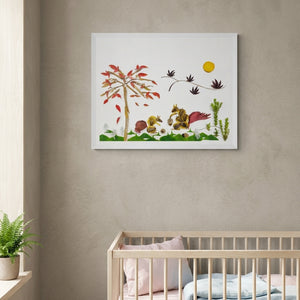 Squirrels Beneath the Leaves art in a white frame in a serene nursery