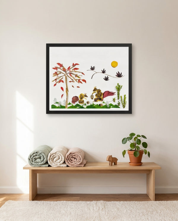 Squirrels Beneath the Leaves art in a black frame in a kids room