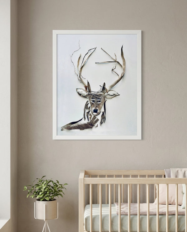 Still Forest Deer art in a white frame in a serene nursery