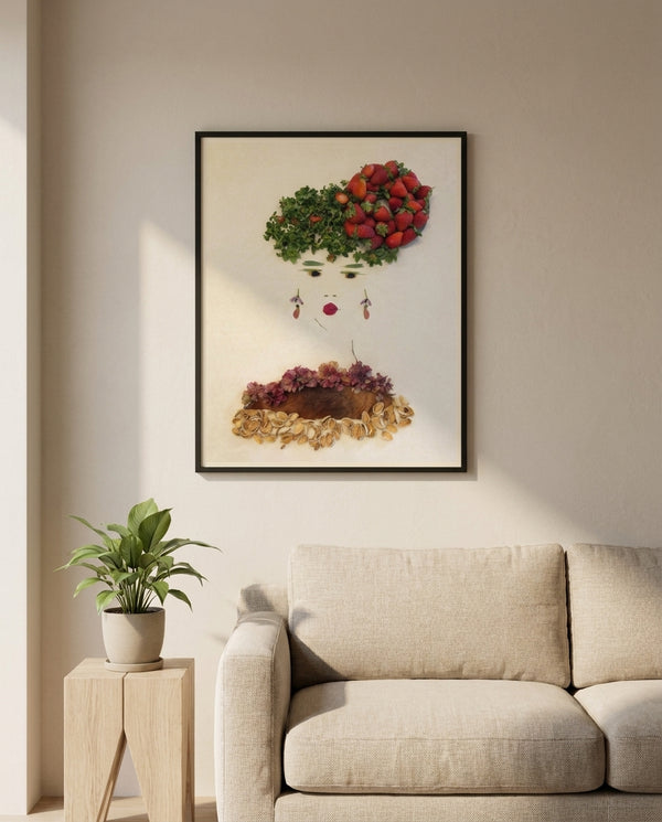 Strawberry Lady art in a black frame in a living room