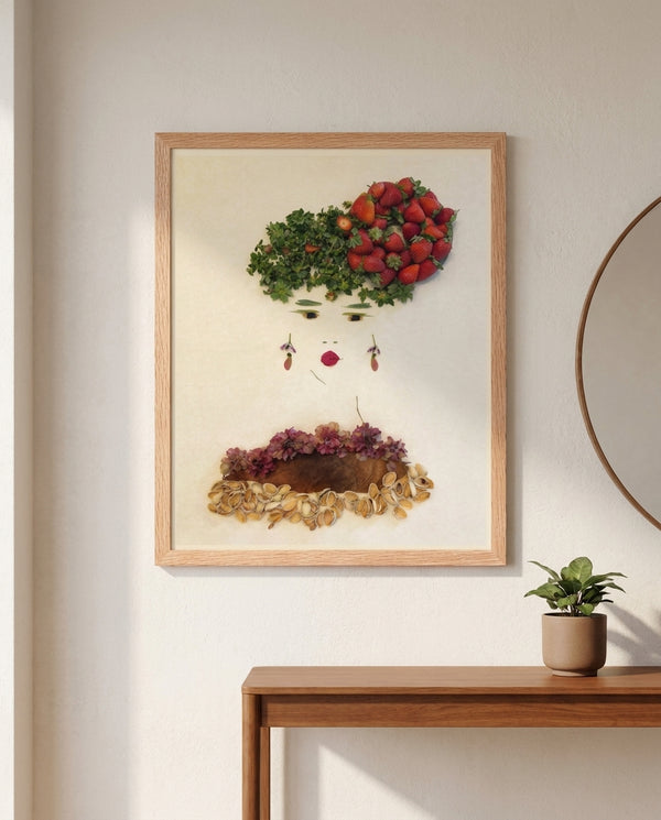 Strawberry Lady art in a red oak wood frame in an entryway