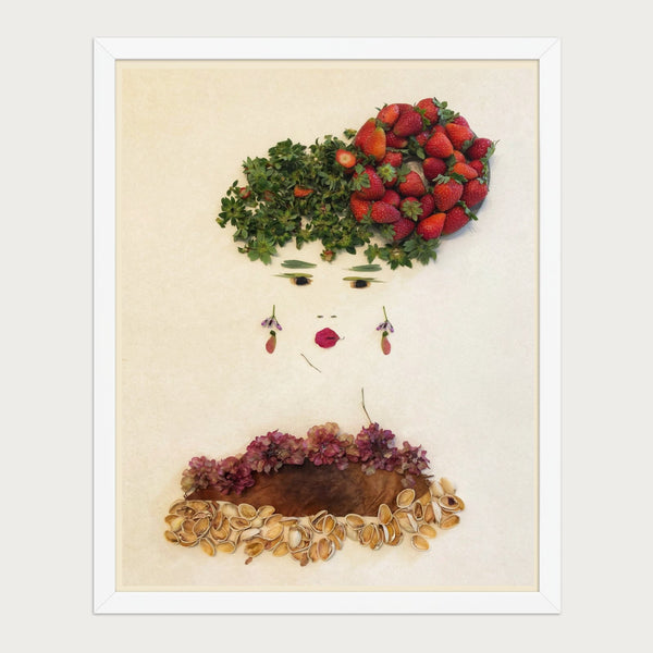 Strawberry Lady botanical portrait wall art in a white frame, front view