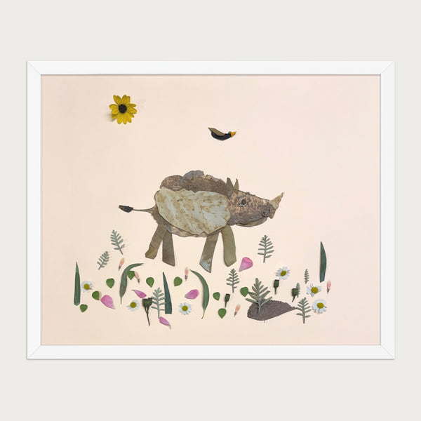 Little Rhino botanical baby rhino wall art print by FloraFusion in a white frame, front view