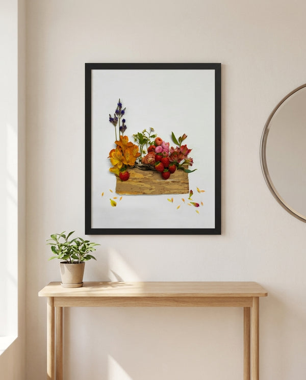 Summer Harvest Box botanical harvest still life wall art print in a black frame hanging in an entryway