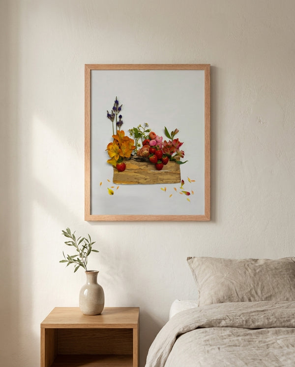 Summer Harvest Box botanical harvest still life wall art print in a red oak wood frame hanging in a bedroom