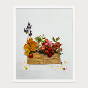 Summer Harvest Box botanical harvest still life wall art print by FloraFusion in a white frame, front view