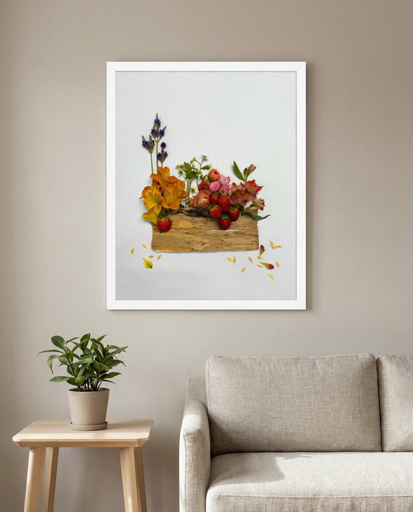 Summer Harvest Box botanical harvest still life wall art print in a white frame hanging in a living room