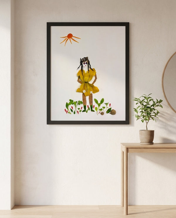 Summer Sun Girl whimsical feminine figure wall art print in a black frame hanging in an entryway