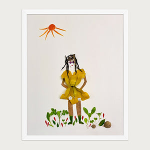 Summer Sun Girl whimsical feminine figure wall art print by FloraFusion in a white frame, front view