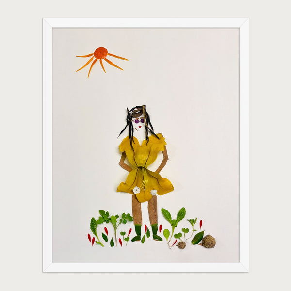 Summer Sun Girl whimsical feminine figure wall art print by FloraFusion in a white frame, front view