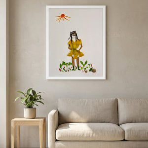 Summer Sun Girl whimsical feminine figure wall art print in a white frame hanging in a living room