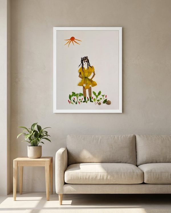 Summer Sun Girl whimsical feminine figure wall art print in a white frame hanging in a living room