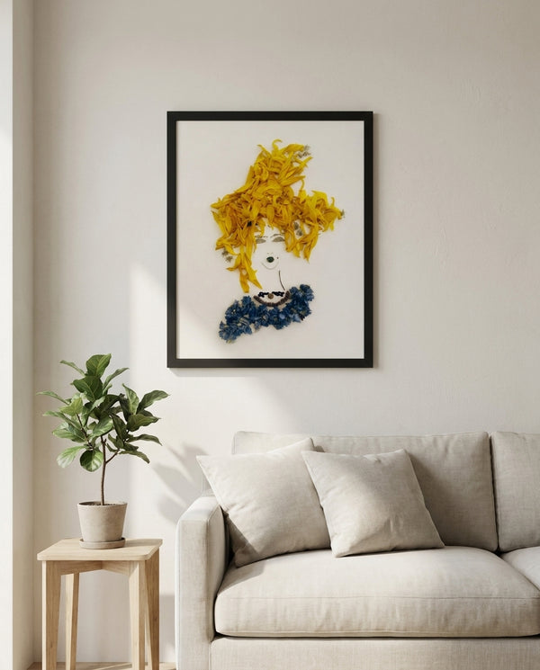 Sunflower Tresses floral feminine portrait wall art print in a black frame hanging in a living room