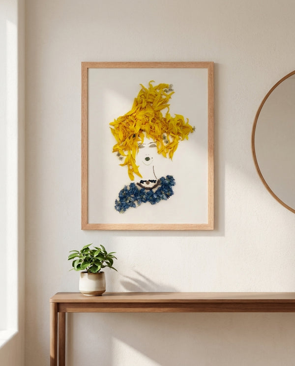 Sunflower Tresses floral feminine portrait wall art print in a red oak wood frame hanging in an entryway