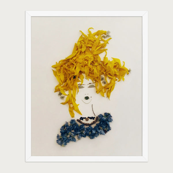 Sunflower Tresses floral feminine portrait wall art print by FloraFusion in a white frame, front view