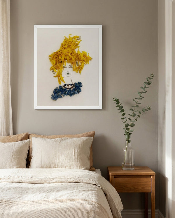 Sunflower Tresses floral feminine portrait wall art print in a white frame hanging in a bedroom