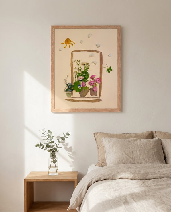 Sunlit Windowsill botanical garden window wall art print in a red oak wood frame hanging in a bedroom