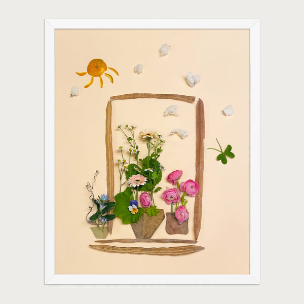 Sunlit Windowsill botanical garden window wall art print by FloraFusion in a white frame, front view