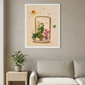 Sunlit Windowsill botanical garden window wall art print in a white frame hanging in a living room