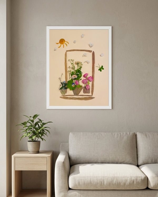 Sunlit Windowsill botanical garden window wall art print in a white frame hanging in a living room