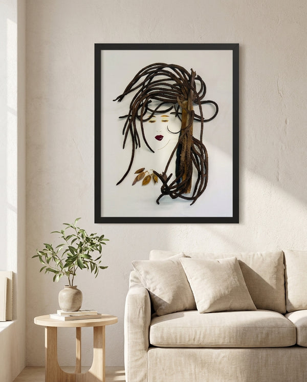 Tendril Serenity natural seed pod portrait wall art print in a black frame hanging in a living room