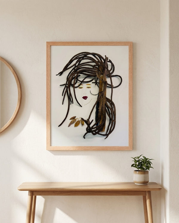 Tendril Serenity natural seed pod portrait wall art print in a red oak wood frame hanging in an entryway